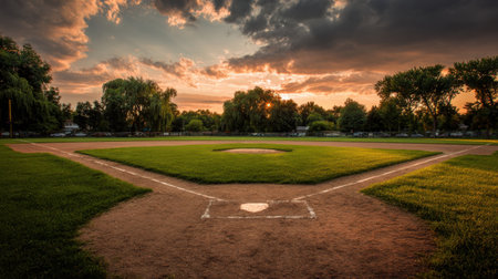 A picturesque baseball field at sunset, showcasing lush green grass and a striking cloudy sky, perfect for evoking feelings of nostalgia and tranquility.の素材