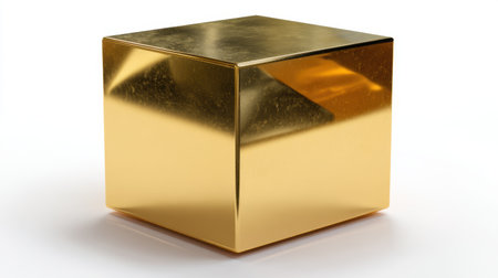 A shiny gold cube with a smooth, reflective surface creating fascinating light effects. Ideal for illustrations related to luxury, wealth, and elegant design.の素材