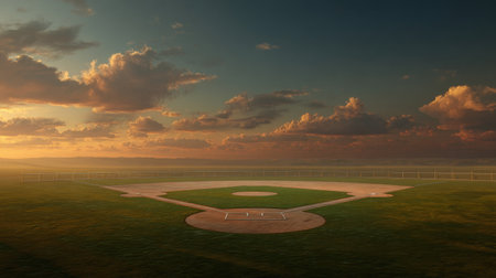 This serene image showcases an empty baseball field bathed in a warm sunset glow, surrounded by vibrant clouds and lush green grass, evoking a peaceful atmosphere.の素材