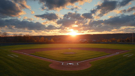 A stunning sunset casts a warm glow over an empty baseball field, showcasing lush green grass, a dramatic sky, and a peaceful atmosphere.の素材