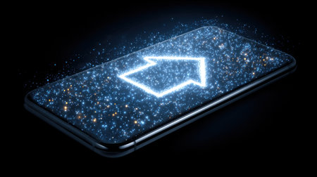 A visually striking image of a glowing smartphone displaying a sparkling arrow symbol, set against a black background, emphasizing digital connectivity and innovation.の素材