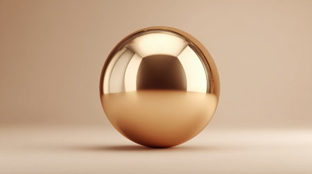 A polished golden sphere rests on a smooth beige background, reflecting light and showcasing its elegant shape, perfect for artistic and design concepts.の素材