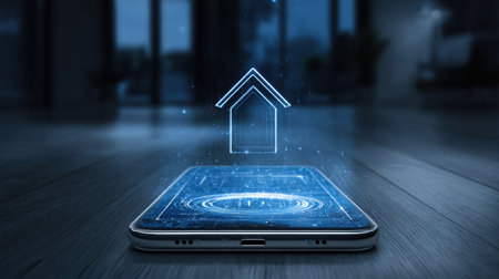 A smartphone displays a holographic house symbol, highlighting the fusion of technology and living spaces. This image captures the essence of smart home innovation.の素材