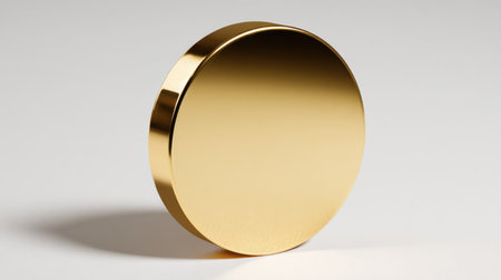 A visually striking gold coin features a glossy, polished surface that beautifully reflects light. Ideal for visual themes related to finance, luxury, or minimalism.の素材