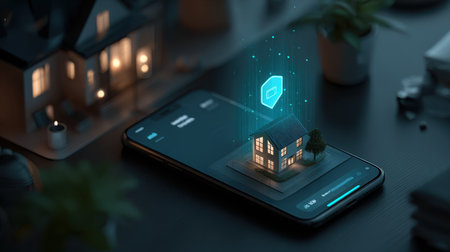 A smartphone displays a 3D model of a house, symbolizing modern technology and digitalization in home design and security systems.の素材