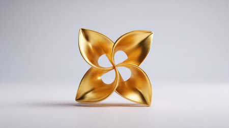 This striking gold decorative object features a unique design with four petal-like shapes, set against a soft, neutral background, exuding elegance.の素材