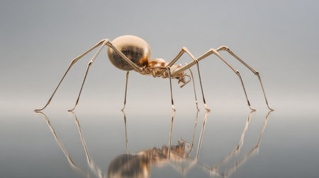 A stunning close-up of a metallic spider showcases intricate details and reflects a serene atmosphere, merging art with nature in a captivating way.の素材