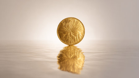 A stunning image of a shiny gold coin standing upright on a calm water surface, beautifully reflecting soft light behind it, ideal for finance and investment themes.の素材