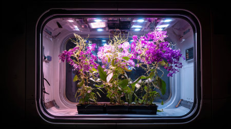 A stunning view of vibrant orchid flowers thriving in a hydroponic system within a controlled environment chamber, showcasing technological advancement in plant growth.の素材