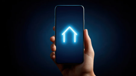 A close-up of a hand holding a smartphone with a bright, glowing home icon on the screen, set against a dark background, symbolizes digital innovation.の素材