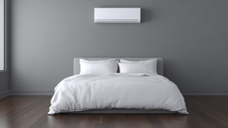 A modern minimalist bedroom featuring a comfortable bed with white bedding, air conditioning unit on a gray wall, and wooden flooring for a cozy ambiance.の素材