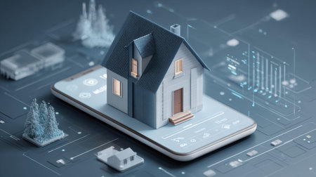 A modern smart home concept featuring a detailed house model displayed on a smartphone screen with a futuristic digital interface, representing innovation.の素材