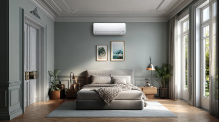 This modern bedroom showcases a stylish design with an air conditioner integrated into the decor, offering comfort and tranquility. Natural light enhances the cozy atmosphere, featuring elegant furnishings and soft textiles.の素材
