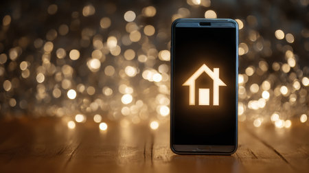 This stock photo features a smartphone displaying a house icon against a warm bokeh background. It symbolizes home technology and modern lifestyle.の素材