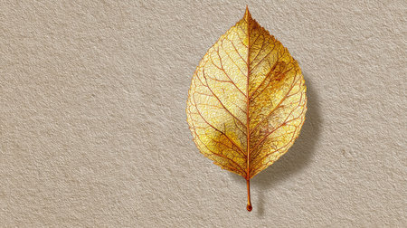 A stunning close-up of a delicate autumn leaf showcases vibrant yellow and orange hues against a textured paper background, highlighting nature's beauty.の素材