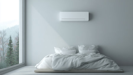 A serene minimalistic bedroom featuring a cozy bed with white bedding, a large window offering a peaceful nature view, and a sleek wall-mounted air conditioner.の素材