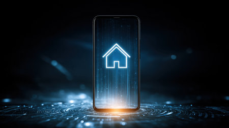 A modern smartphone showcases a glowing house icon on its screen, surrounded by a futuristic technology background. Perfect for themes of innovation and connectivity.の素材
