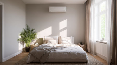 This serene bedroom features a minimalist design with soft linens, inviting greenery, and warm sunlight flowing through large windows, creating a peaceful retreat.の素材