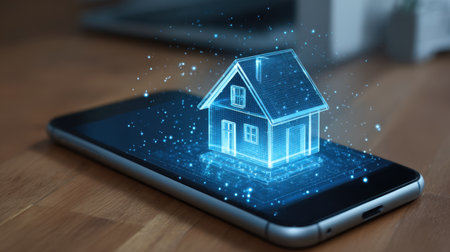 A modern smartphone displays a digital model of a house, representing the integration of technology and home automation in the future of living.の素材
