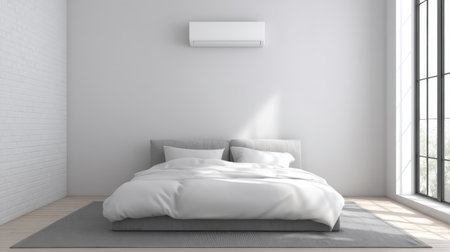 A serene and spacious minimalist bedroom showcasing a contemporary design with ample natural light, simple bedding, and an air conditioning unit.の素材