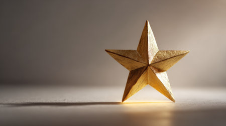 A stunning golden star sculpture positioned on a minimalist surface. The warm light casts soft shadows, enhancing its elegant design and artistic flair.の素材