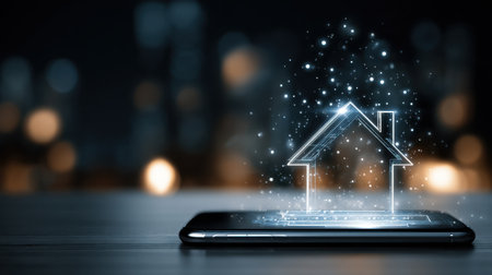 A smartphone showcases a digital home illustration with sparkles, symbolizing modern technology and connectivity in an urban night setting.の素材