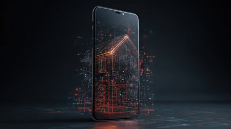 A modern smartphone showcases a digital house concept with glowing lines and particles, symbolizing the intersection of technology and real estate.の素材