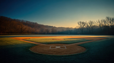 A tranquil baseball field at dawn, bathed in soft light, surrounded by a misty landscape and barren trees, creating a serene atmosphere ideal for introspection.の素材