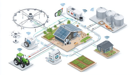 This innovative illustration showcases a smart farming ecosystem integrating technology and digital systems. It features solar energy, drones, sensors, and connectivity to enhance productivity and sustainability in agriculture.の素材