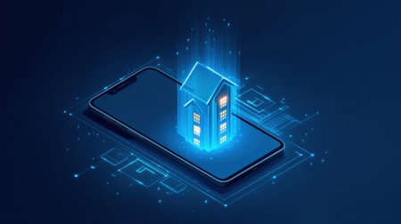 This image illustrates the concept of digital transformation in real estate, showcasing a smartphone with a virtual house emerging in a captivating blue neon design.の素材