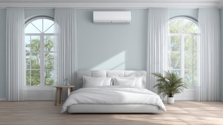 A serene modern bedroom showcasing a spacious layout with ample natural light flowing through large windows, elegantly decorated for comfort and style.の素材