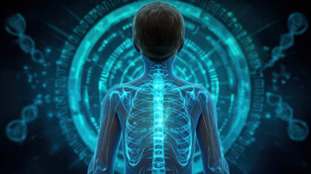 A striking digital representation of a human figure viewed from behind, emphasizing the spinal structure and surrounded by vibrant DNA motifs and energy visuals.の素材