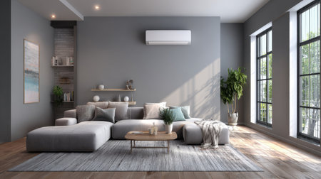 A contemporary living room showcasing a comfortable gray sofa, natural light flooding through large windows, and elegant indoor plants. Perfect for modern home decor.の素材