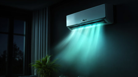This image showcases a modern air conditioner unit emitting cool air in a stylish and cozy interior setting. The ambient light enhances the atmosphere, perfect for comfort.の素材