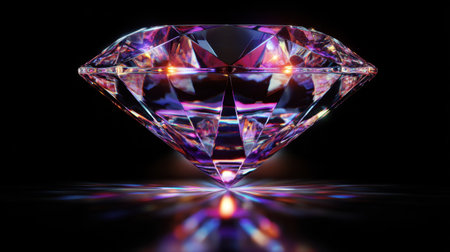 This striking image showcases a beautifully cut diamond, reflecting a spectrum of colors against a dark backdrop. The intricate facets create a mesmerizing sparkle, embodying elegance and luxury.の素材