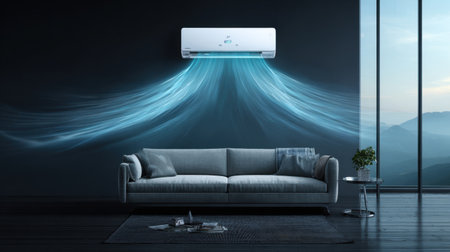 A modern living room features a sleek wall-mounted air conditioning unit, providing a refreshing airflow. The minimalist design includes a cozy sofa and large glass windows that showcase a breathtaking natural landscape outside.の素材