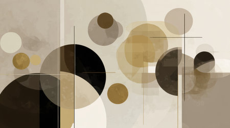 This abstract artwork features a captivating arrangement of circles and shapes in earthy tones, creating a modern and elegant aesthetic. Perfect for various design projects.の素材