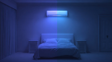 A serene bedroom scene featuring a comfortable bed with soft pillows and ambient blue lighting. An air conditioner adds climate control to this tranquil space.の素材