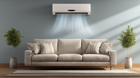 A contemporary living room featuring a stylish sofa, wall-mounted air conditioner, and lush indoor plants. The space exudes comfort and modern elegance.の素材