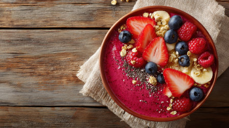 A vibrant smoothie bowl featuring an assortment of fresh berries, sliced bananas, and crunchy granola on a rustic wooden surface, perfect for a healthy breakfast.の素材