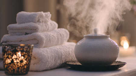 Experience tranquility in this serene spa setting featuring a steaming aroma diffuser, soft towels, and glimmering candlelight, perfect for relaxation.の素材