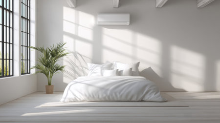 A serene and minimalist bedroom showcasing soft white bedding and a lush indoor plant under natural light, creating a warm and inviting atmosphere.の素材