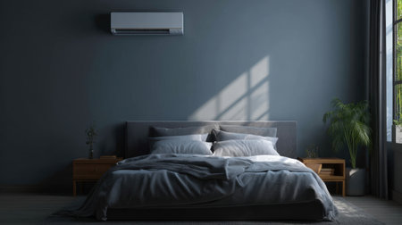 A serene and stylish bedroom featuring a modern bed with cozy textiles, complemented by natural light and a lovely indoor plant, creating a tranquil atmosphere.の素材