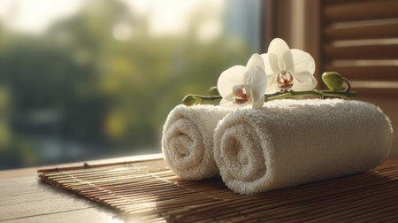 Softly rolled white towels with a delicate orchid flower atop a bamboo mat create a serene spa atmosphere by the window, inviting relaxation and tranquility.の素材