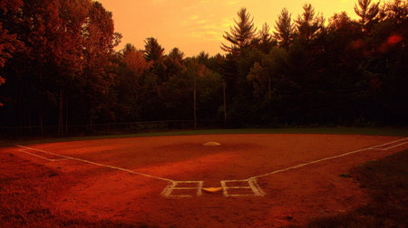 A serene baseball field at sunset captures the beauty of nature with vibrant colors illuminating the landscape, creating a peaceful atmosphere.の素材