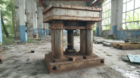 A weathered and rusty hydraulic press stands in an abandoned factory, surrounded by decaying structures and overgrown vegetation, showcasing industrial decline.の素材