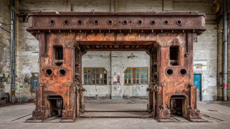 This striking image showcases a weathered machine frame in an abandoned factory, highlighting the beauty of industrial decay and historical significance.の素材