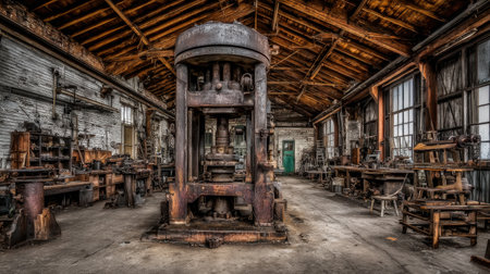 An extensive view of an abandoned industrial workshop featuring old machinery and rustic design elements, showcasing a unique blend of history and craftsmanship.の素材
