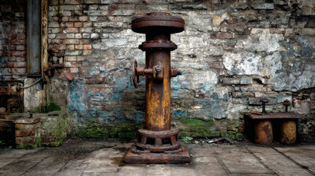 A weathered, rusty industrial valve stands against a textured brick wall, showcasing elements of urban decay and vintage machinery. Ideal for artistic backgrounds.の素材