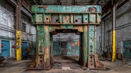 This striking image captures an abandoned industrial machinery piece set in a derelict factory, showcasing the stark beauty of decay with rust and textured surfaces.の素材